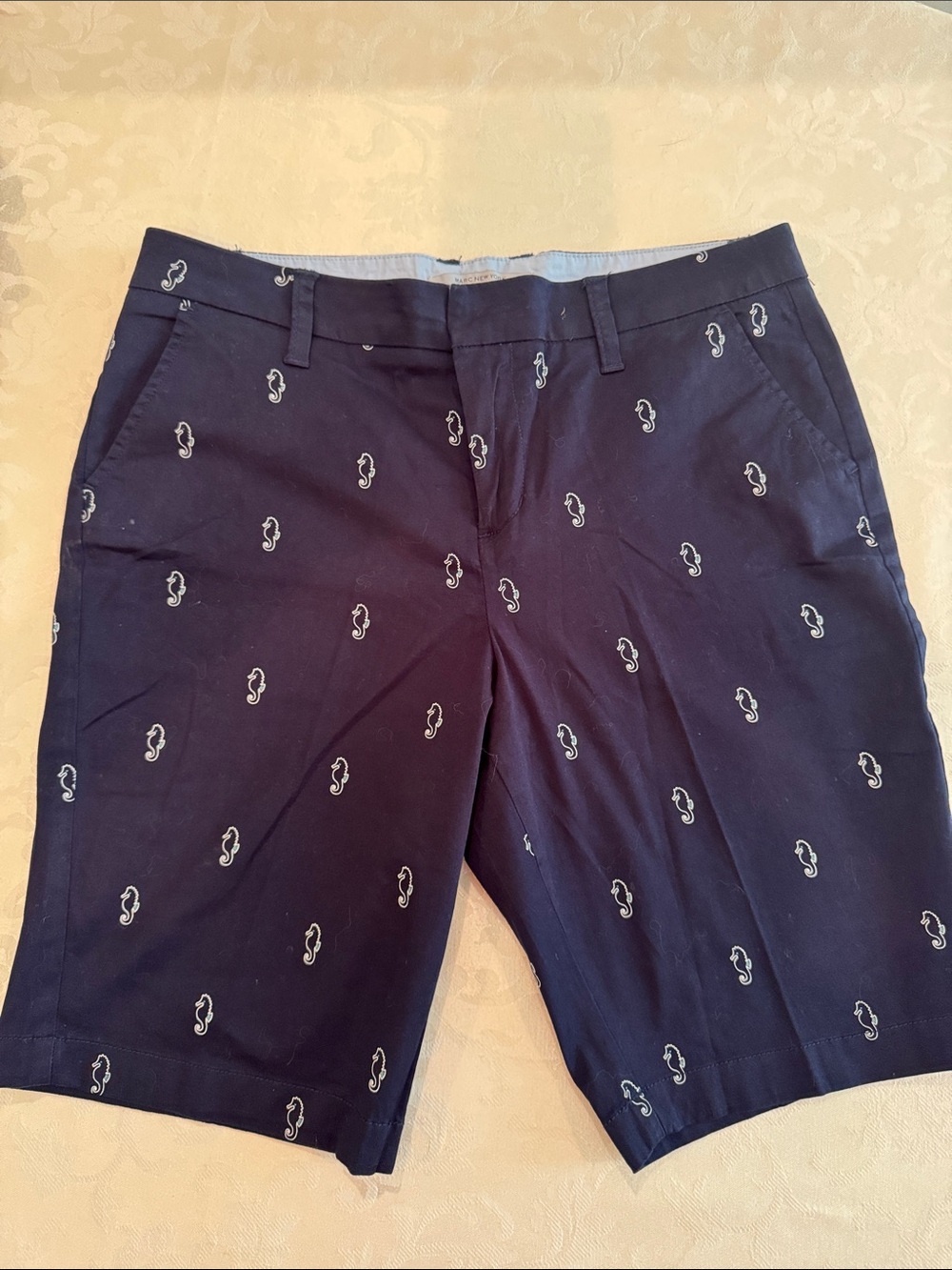 Navy Seahorse-Pattern Flat-Front Women's Bermuda Shorts